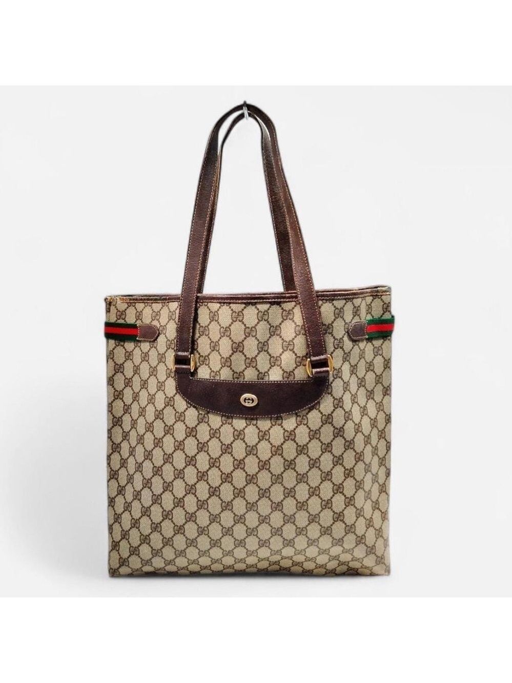 Gucci Vintage GG Canvas Web Stripe Tote Bag Brown Monogram Authentic
